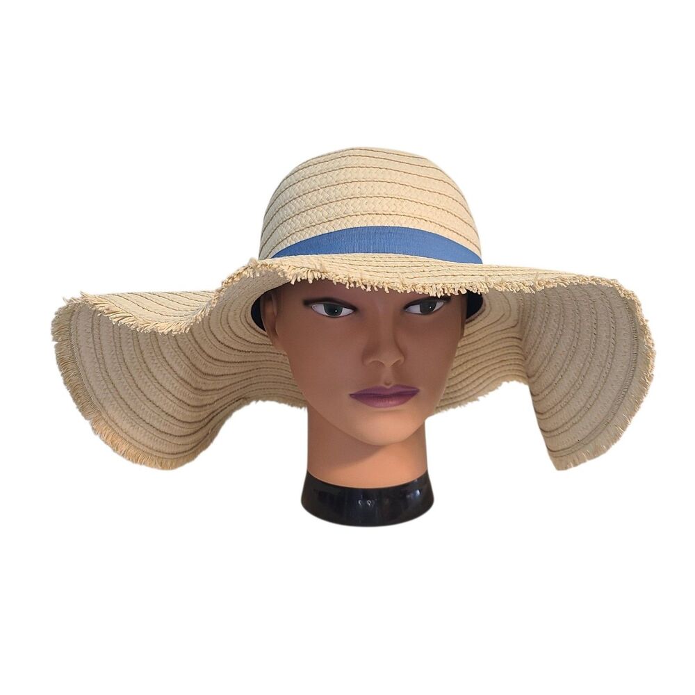 Serra Wide Brim Sun Hat Womens Beige Straw Fringed Blue Band Coastal Grandma OS